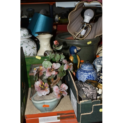 465 - THREE BOXES OF GLASSWARE, CERAMICS AND ORNAMENTS, to include eight vintage green glass bottles, comp... 