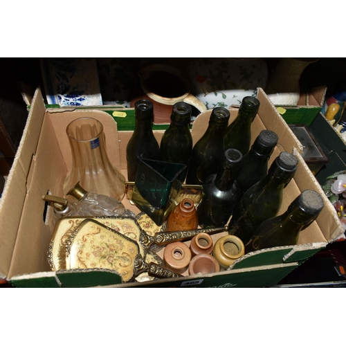 465 - THREE BOXES OF GLASSWARE, CERAMICS AND ORNAMENTS, to include eight vintage green glass bottles, comp... 