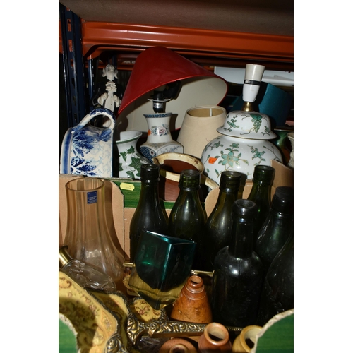 465 - THREE BOXES OF GLASSWARE, CERAMICS AND ORNAMENTS, to include eight vintage green glass bottles, comp... 