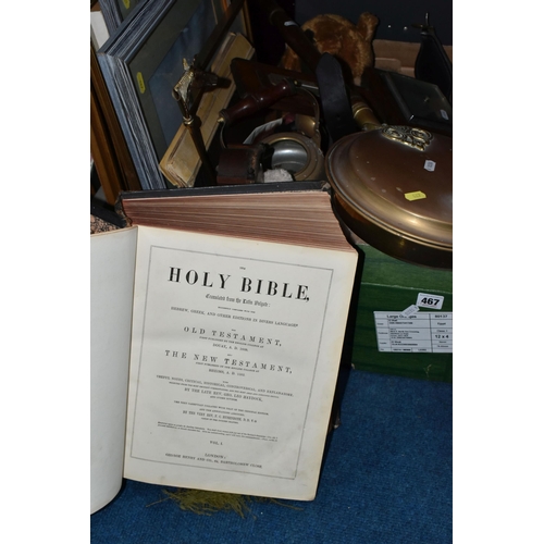 467 - ONE BOX OF MISCELLANEOUS SUNDRIES, to include a large black leather bound Victorian family Bible, fr... 