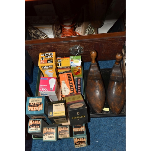 469 - TWO BOXES OF MISCELLANEOUS SUNDRIES, to include a collection of vintage light bulbs in original boxe... 