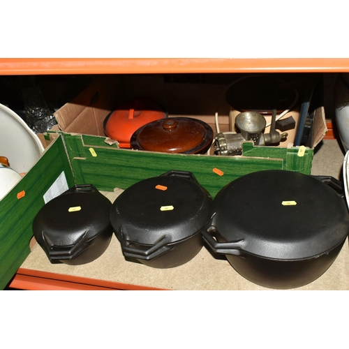 486 - THREE BOXES OF KITCHEN WARES, GLASS AND CERAMICS ETC, two include a set if three cast iron Copco of ... 