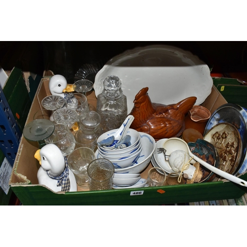 486 - THREE BOXES OF KITCHEN WARES, GLASS AND CERAMICS ETC, two include a set if three cast iron Copco of ... 