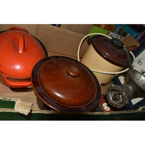 486 - THREE BOXES OF KITCHEN WARES, GLASS AND CERAMICS ETC, two include a set if three cast iron Copco of ... 