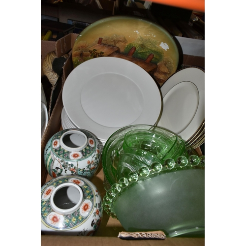 487 - FOUR BOXES OF CERAMICS, GLASS AND METAL WARES ETC, to include six Minton 'St James' dinner plates, e... 