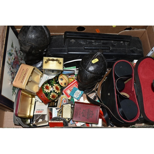 490 - THREE BOXES AND LOOSE ASSORTED SUNDRY ITEMS, including a pair of Frank Nipole 10x50 binoculars, Nava... 