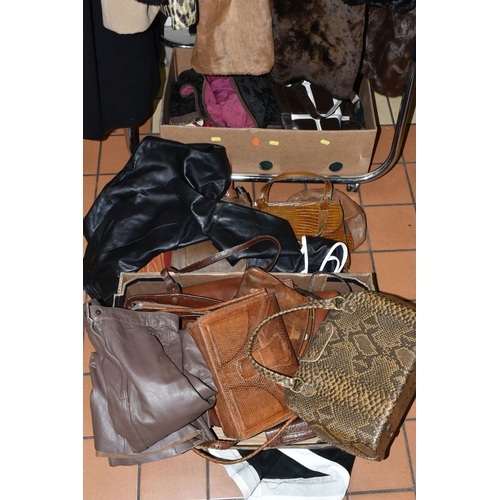 494 - TWO BOXES AND ONE RAIL OF VINTAGE CLOTHING, to include an original vintage Waldybag, cream satin int... 