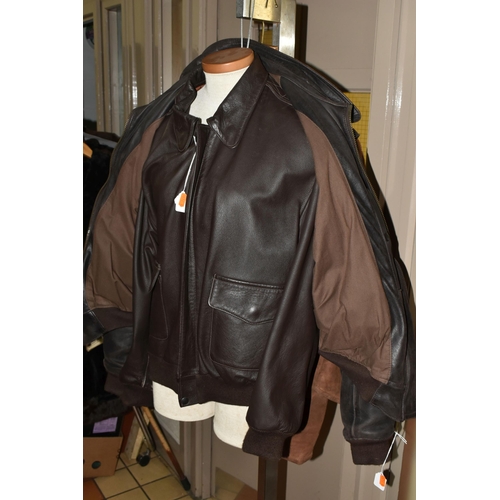 495 - THREE MEN'S JACKETS, comprising two dark brown leather bomber style leather jackets, one made in Eng... 