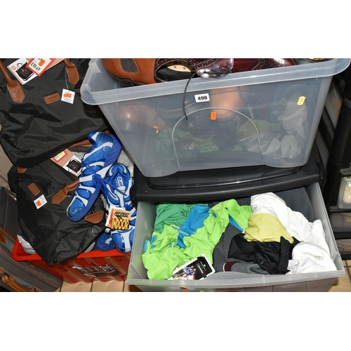 498 - A QUANTITY OF MEN'S CLOTHING, BOOTS, SHOES AND PLASTIC STORAGE CONTAINERS, to include four sets of p... 