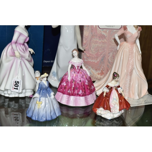 501 - BOXED ROYAL DOULTON AND COALPORT FIGURINES, three boxed Royal Doulton ladies comprising 'Good Compan... 