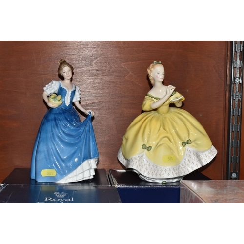 501 - BOXED ROYAL DOULTON AND COALPORT FIGURINES, three boxed Royal Doulton ladies comprising 'Good Compan... 