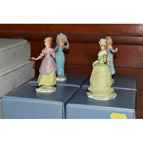 502 - A COLLECTION OF BOXED WEDGWOOD AND ROYAL DOULTON MINIATURE FIGURINES AND A BOXED SET OF ROYAL WORCES... 