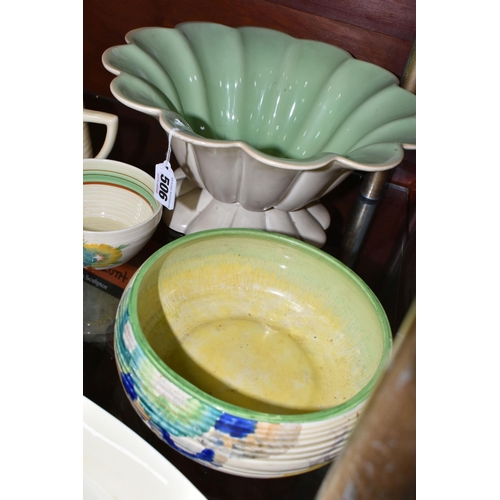 506 - A GROUP OF  CLARICE CLIFF DESIGN BOWLS, comprising a  Newport Pottery, two tone bowl of fluted form ... 