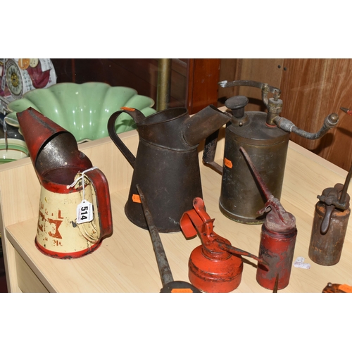 514 - A COLLECTION OF OIL CANS, comprising Wesco Junior, Shell 1 pint jug, a pewter 1 pint can stamped 340... 