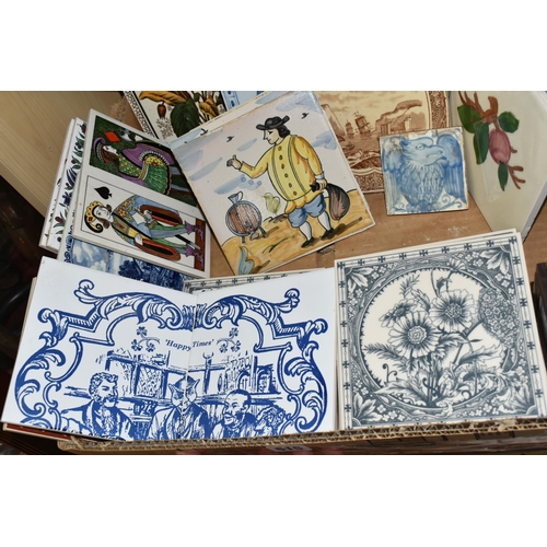 515 - ONE BOX OF DECORATIVE CERAMIC TILES, to include a small blue and white tile possibly 18th century de... 