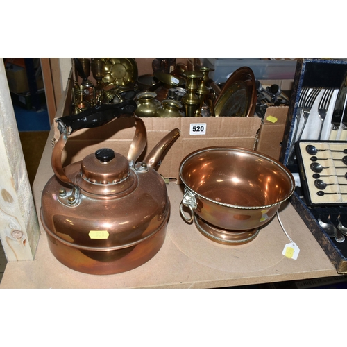 520 - TWO BOXES AND LOOSE METAL WARES, to include a copper kettle, a copper bowl with remnants of silver p... 