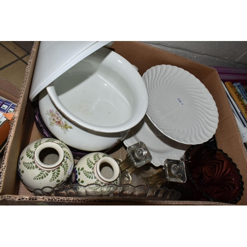 525 - FOUR BOXES OF CERAMICS, DVDS, CDS AND SUNDRY ITEMS, to include a collection of jugs, including a Hai... 