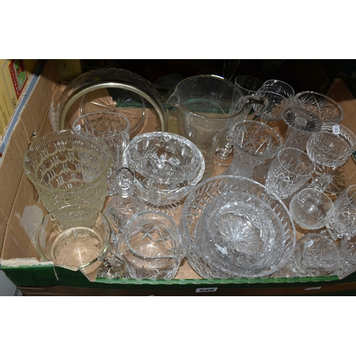 529 - THREE BOXES AND LOOSE GLASS WARES, CERAMICS, RECORDS AND SUNDRY ITEMS, to include a quantity of cut ... 