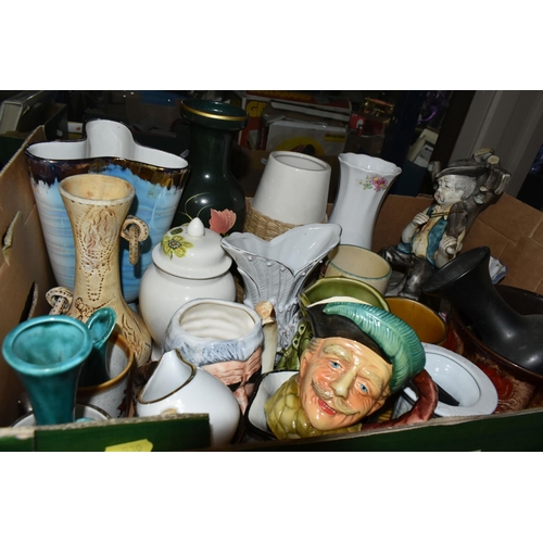 530 - THREE BOXES OF ORNAMENTS AND VASES, to include a Sadler ginger jar, a mid-twentieth century Italian ... 