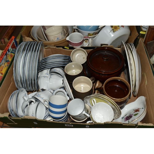 532 - FOUR BOXES AND LOOSE CERAMICS, METAL WARES AND SUNDRY ITEMS, to include a large copper boot shaped s... 