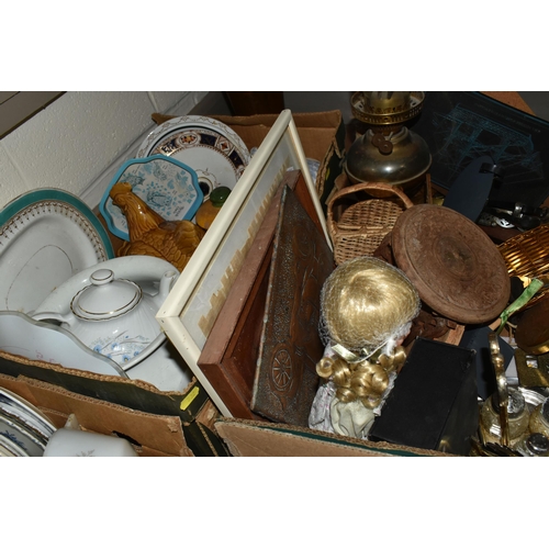 532 - FOUR BOXES AND LOOSE CERAMICS, METAL WARES AND SUNDRY ITEMS, to include a large copper boot shaped s... 