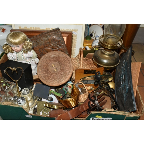 532 - FOUR BOXES AND LOOSE CERAMICS, METAL WARES AND SUNDRY ITEMS, to include a large copper boot shaped s... 