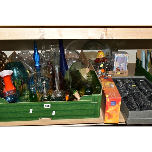 535 - THREE BOXES AND LOOSE GLASSWARES, to include a five piece uranium glass part dressing table set, a M... 