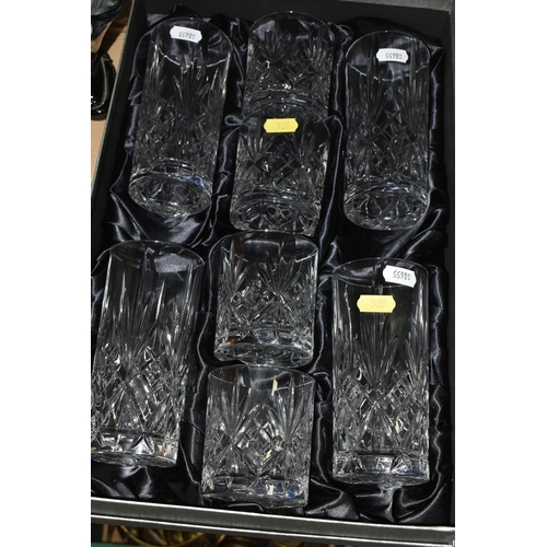 535 - THREE BOXES AND LOOSE GLASSWARES, to include a five piece uranium glass part dressing table set, a M... 