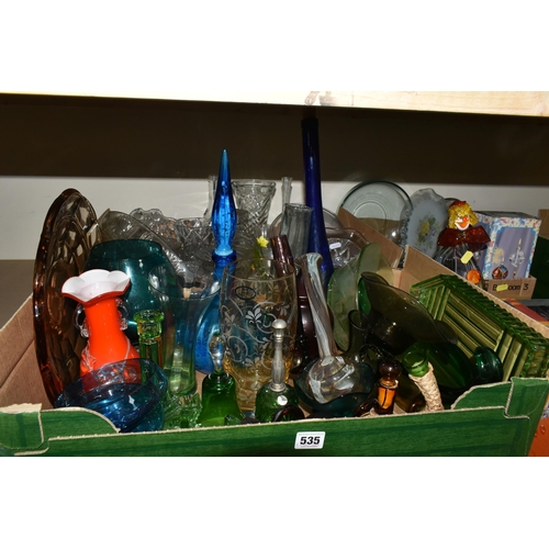 535 - THREE BOXES AND LOOSE GLASSWARES, to include a five piece uranium glass part dressing table set, a M... 