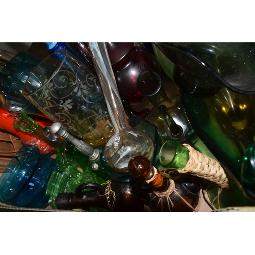 535 - THREE BOXES AND LOOSE GLASSWARES, to include a five piece uranium glass part dressing table set, a M... 