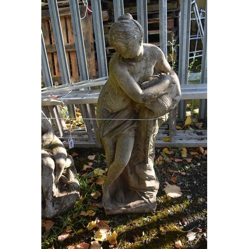 1017 - A COMPOSITE GARDEN FIGURE OF A SCANTILLY CLAD LADY POURING WATER, height 78cm, along with another fi... 