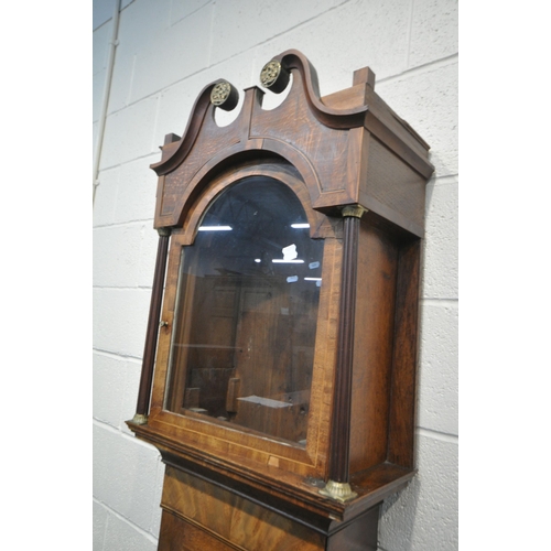 1197 - A GEORGIAN OAK AND MAHOGANY CROSSBANDED EIGHT DAY LONGCASE CLOCK, with a painted dial, height 213cm,... 