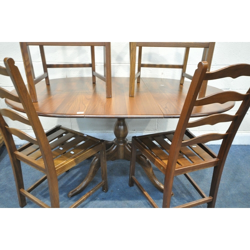 1200 - AN ERCOL ELM PEDESTAL DINING TABLE, with a single additional leaf, extended length 149cm x 111cm x d... 