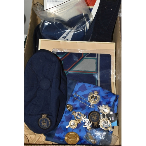 400 - A BOX OF AIRLINE RELATED ITEMS, to include three vintage BOAC stewardess hats, a Jacqmar BOAC scarf,... 