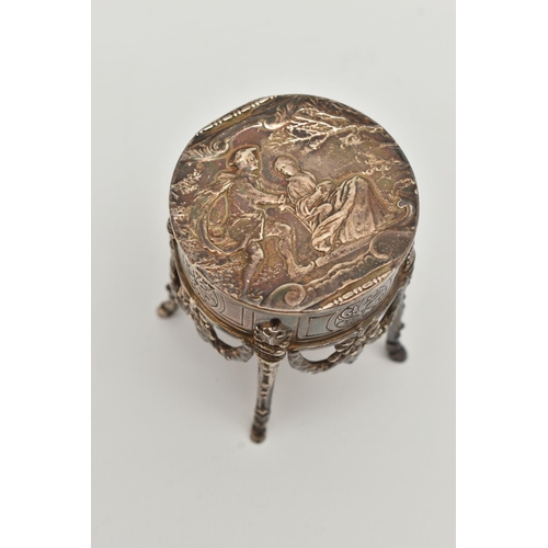 162 - AN EARLY 20TH CENTURY CONTINENTAL SILVER TRINKET BOX IN THE FORM OF A DRUM TOP TABLE WITH HINGED LID... 