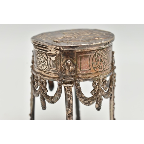 162 - AN EARLY 20TH CENTURY CONTINENTAL SILVER TRINKET BOX IN THE FORM OF A DRUM TOP TABLE WITH HINGED LID... 