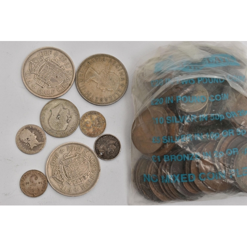 166 - A BAG OF ASSORTED COINS,  to include three half crowns, 1957, 1960 and 1961, a small assortment of s... 