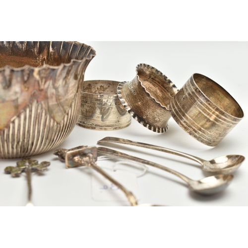 169 - A SMALL PARCEL OF SILVER, to include a Victorian sugar bowl with frilled rim and stop reeded body, m... 