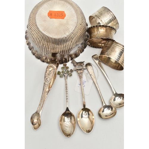 169 - A SMALL PARCEL OF SILVER, to include a Victorian sugar bowl with frilled rim and stop reeded body, m... 