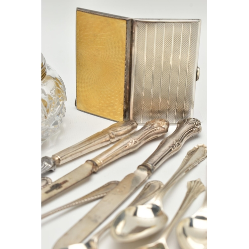 170 - AN EARLY 20TH CENTURY SILVER AND YELLOW ENAMEL CIGARETTE CASE AND A SMALL QUANTITY OF OTHER SILVER, ... 