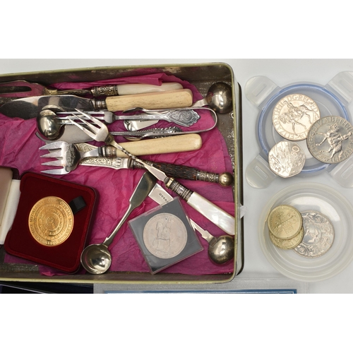 171 - A TIN CONTAINING 19TH AND 20TH BRITISH AND FOREIGN COINAGE AND SILVER PLATED FLATWARE, including a c... 