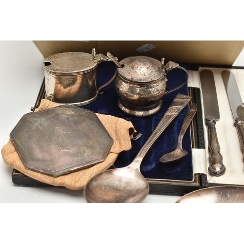 172 - A SMALL QUANTITY OF 20TH CENTURY SILVER AND SILVER PLATE, the silver comprising a cased set of six s... 