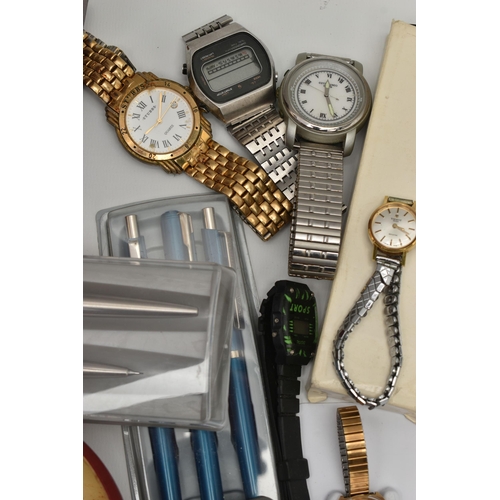 175 - A BOX OF ASSORTED WRISTWATCHES AND PENS, to include a Seiko kinetic titanium, a Seiko automatic, add... 