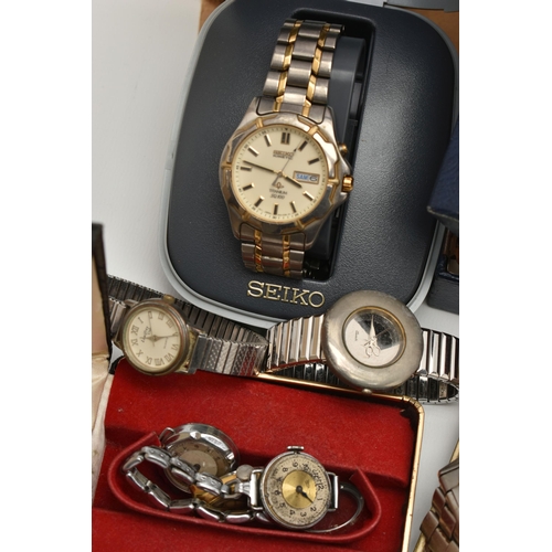 175 - A BOX OF ASSORTED WRISTWATCHES AND PENS, to include a Seiko kinetic titanium, a Seiko automatic, add... 