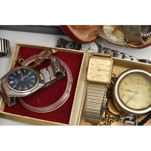 175 - A BOX OF ASSORTED WRISTWATCHES AND PENS, to include a Seiko kinetic titanium, a Seiko automatic, add... 