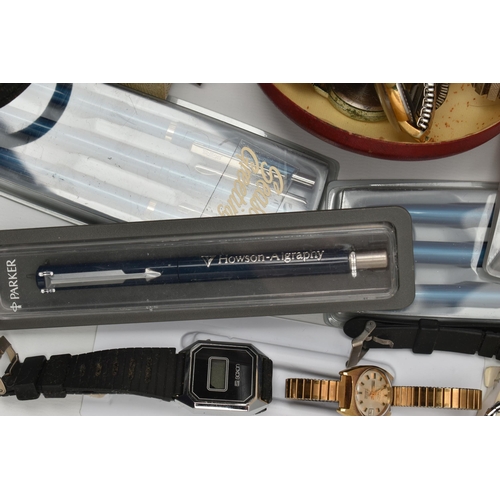 175 - A BOX OF ASSORTED WRISTWATCHES AND PENS, to include a Seiko kinetic titanium, a Seiko automatic, add... 