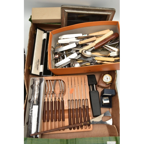 179 - A BOX OF ASSORTED ITEMS, to include an 'Arthur Price' cake knife, a white metal ladys open face pock... 