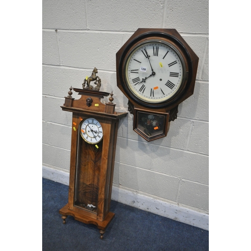 1288 - A WALNUT VIENNA WALL CLOCK, with resin horse pediment, height 113cm, with pendulum and two weights a... 