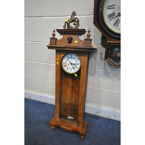 1288 - A WALNUT VIENNA WALL CLOCK, with resin horse pediment, height 113cm, with pendulum and two weights a... 