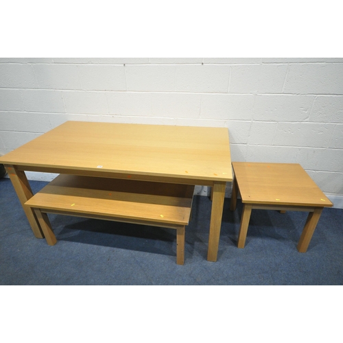 1292 - A LIGHT OAK REFECTORY TABLE, length 160cm x depth 90cm x height 77cm, a G plan oak coffee table, and... 